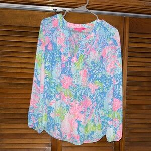 Lilly Pulitzer Vibrant Floral Blouse in Pink, Blue, and Green
